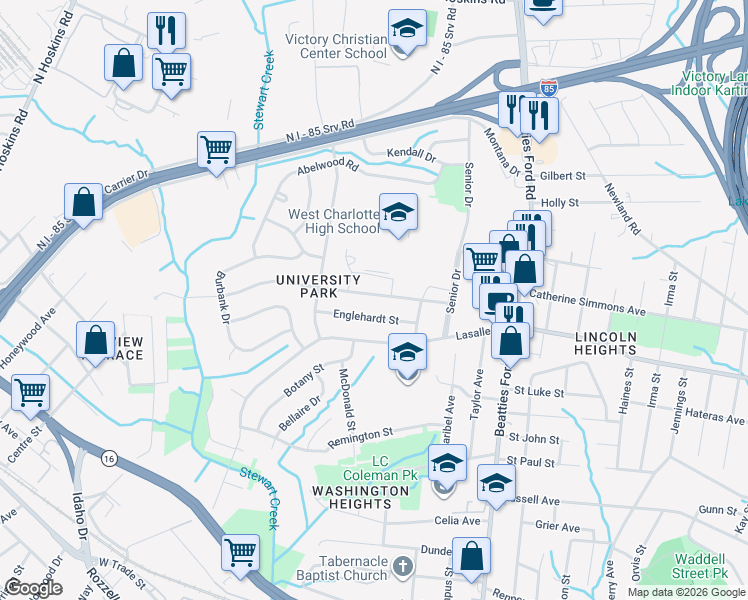 map of restaurants, bars, coffee shops, grocery stores, and more near 2644 Englehardt Street in Charlotte