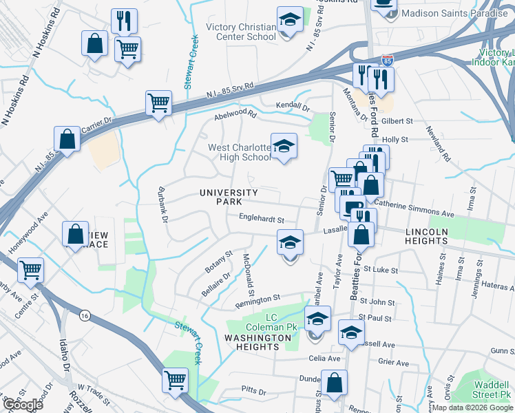 map of restaurants, bars, coffee shops, grocery stores, and more near 2732 Englehardt Street in Charlotte