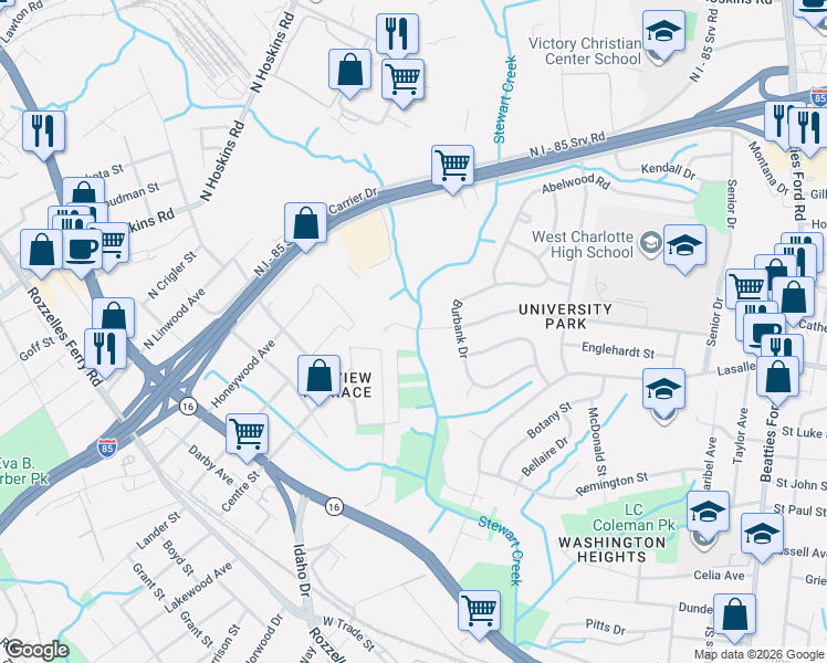 map of restaurants, bars, coffee shops, grocery stores, and more near in Charlotte