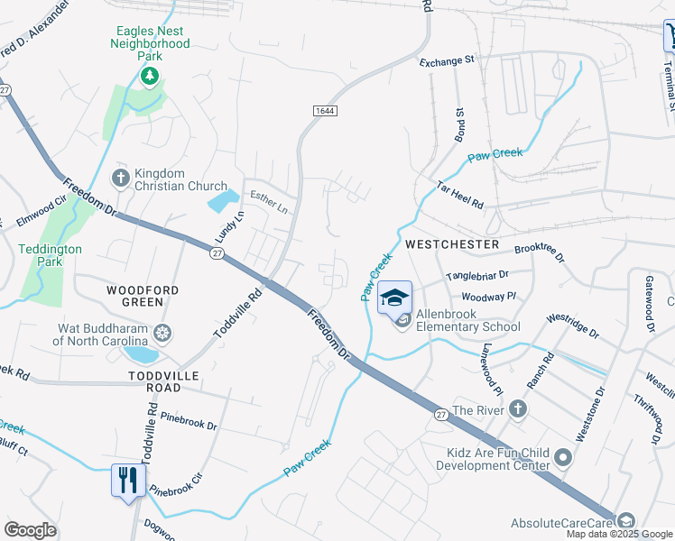 map of restaurants, bars, coffee shops, grocery stores, and more near 150 Park Fairfax Drive in Charlotte