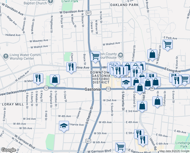 map of restaurants, bars, coffee shops, grocery stores, and more near in Gastonia
