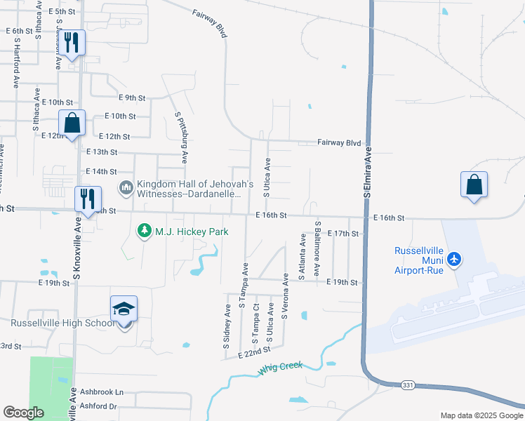 map of restaurants, bars, coffee shops, grocery stores, and more near 1506 South Utica Avenue in Russellville