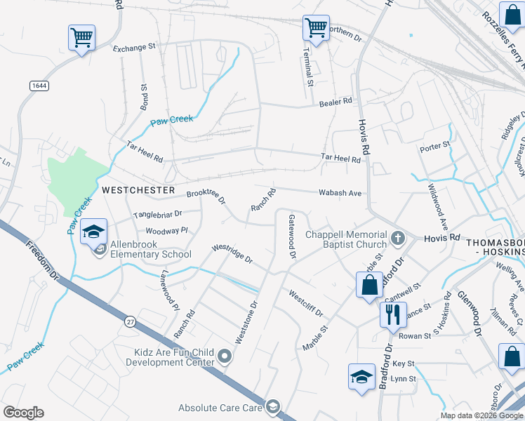 map of restaurants, bars, coffee shops, grocery stores, and more near 4434 Brooktree Drive in Charlotte