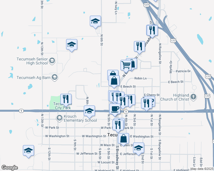 map of restaurants, bars, coffee shops, grocery stores, and more near 600 North 6th Street in Tecumseh