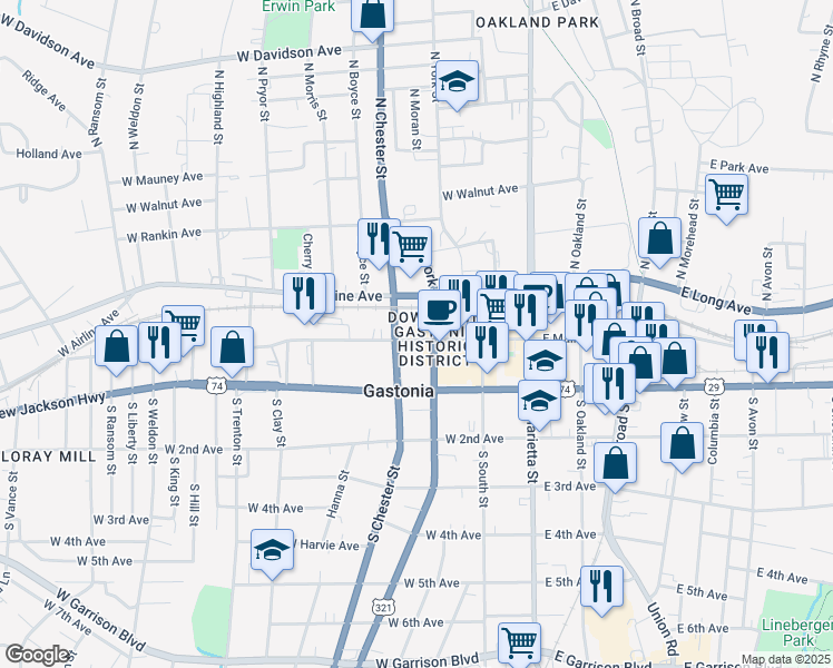 map of restaurants, bars, coffee shops, grocery stores, and more near in Gastonia