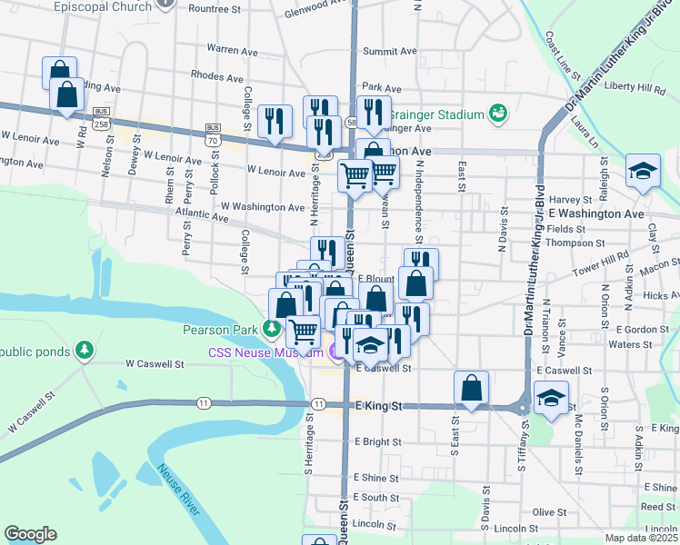 map of restaurants, bars, coffee shops, grocery stores, and more near 400 North Queen Street in Kinston