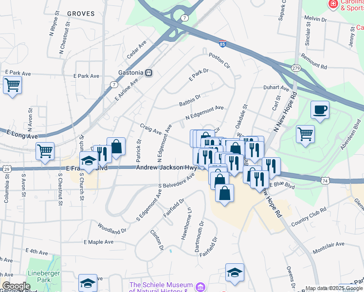 map of restaurants, bars, coffee shops, grocery stores, and more near 1215 Craig Avenue in Gastonia