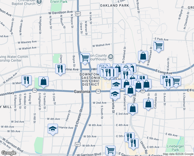 map of restaurants, bars, coffee shops, grocery stores, and more near 238 West Main Avenue in Gastonia