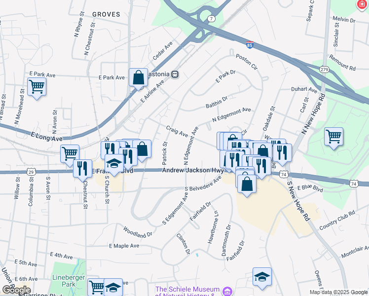 map of restaurants, bars, coffee shops, grocery stores, and more near 113 North Edgemont Avenue in Gastonia