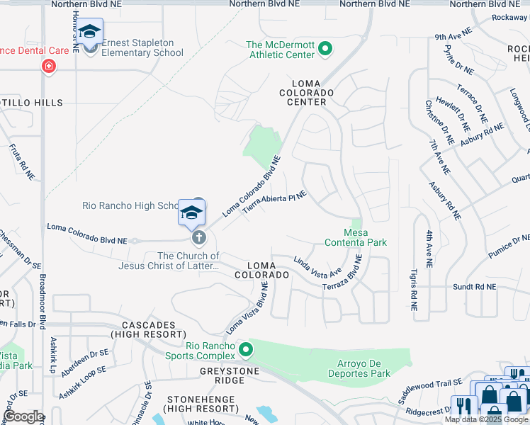 map of restaurants, bars, coffee shops, grocery stores, and more near Tierra Rosa Place Northeast in Rio Rancho