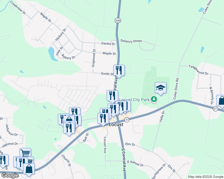 map of restaurants, bars, coffee shops, grocery stores, and more near 211 North Central Avenue in Locust