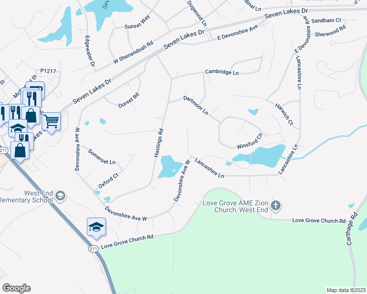 map of restaurants, bars, coffee shops, grocery stores, and more near 167 Lancashire Lane in Seven Lakes