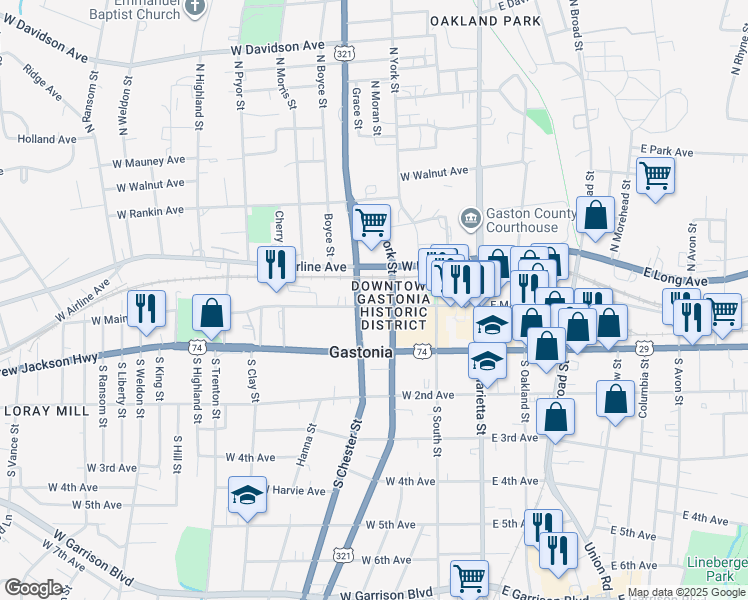 map of restaurants, bars, coffee shops, grocery stores, and more near in Gastonia