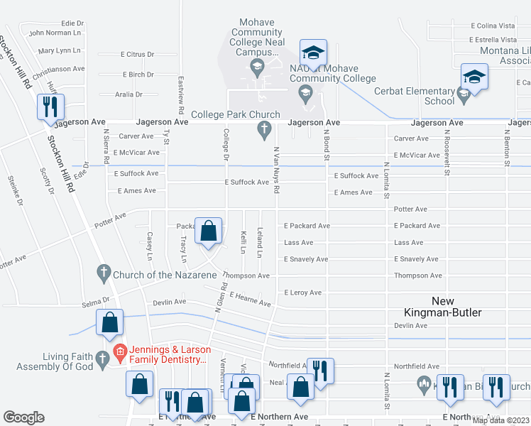 map of restaurants, bars, coffee shops, grocery stores, and more near 4824 Leland Lane in Kingman