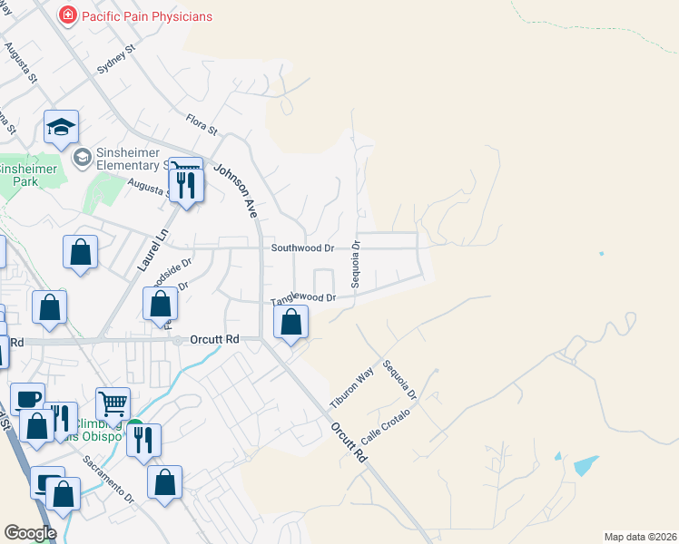 map of restaurants, bars, coffee shops, grocery stores, and more near 3465 Sequoia Drive in San Luis Obispo