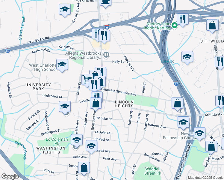 map of restaurants, bars, coffee shops, grocery stores, and more near 2116 Custer Street in Charlotte