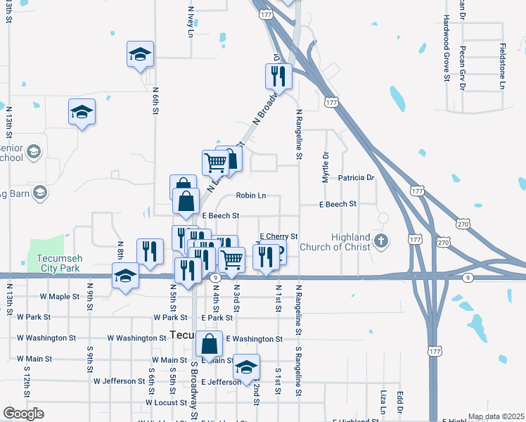 map of restaurants, bars, coffee shops, grocery stores, and more near 622 North 2nd Street in Tecumseh