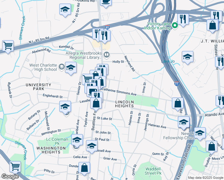 map of restaurants, bars, coffee shops, grocery stores, and more near 2124 Catherine Simmons Avenue in Charlotte