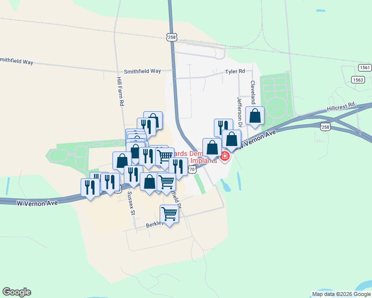 map of restaurants, bars, coffee shops, grocery stores, and more near 4095 West Vernon Avenue in Kinston