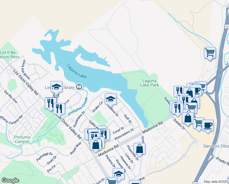 map of restaurants, bars, coffee shops, grocery stores, and more near 1350 Oceanaire Drive in San Luis Obispo