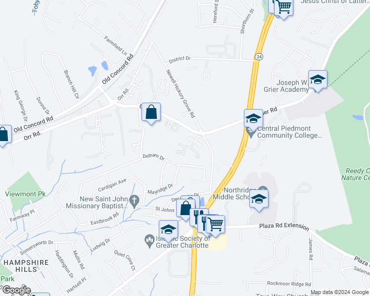 map of restaurants, bars, coffee shops, grocery stores, and more near 2316 Ginger Lane in Charlotte