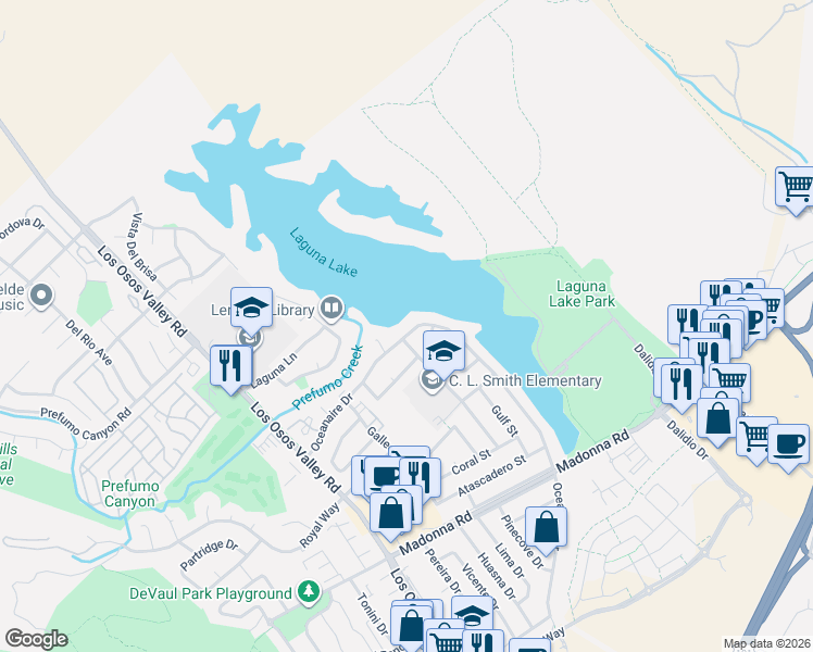 map of restaurants, bars, coffee shops, grocery stores, and more near 1297 Balboa Street in San Luis Obispo