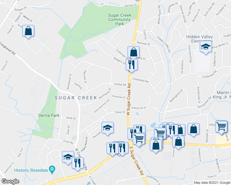 map of restaurants, bars, coffee shops, grocery stores, and more near 2543 Anna Garrison Road in Charlotte