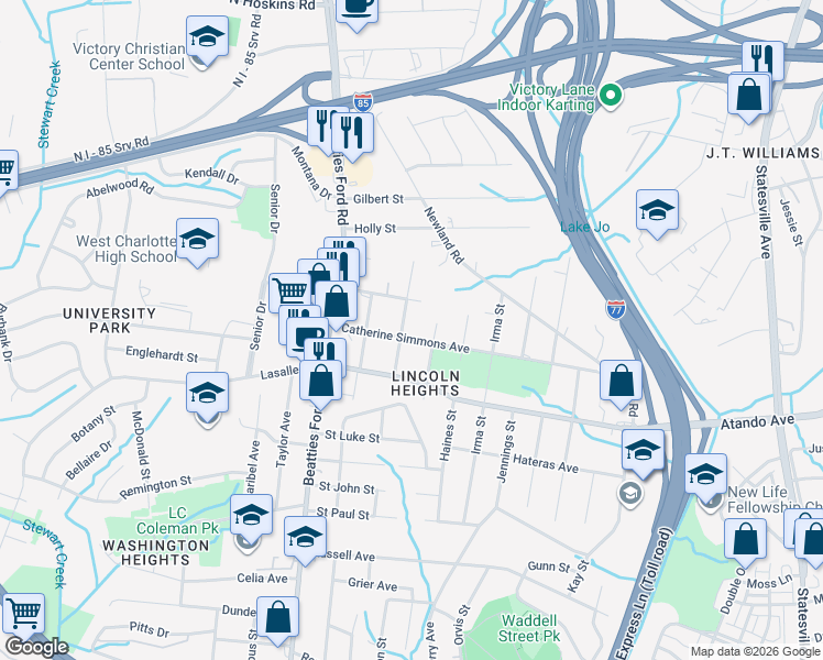 map of restaurants, bars, coffee shops, grocery stores, and more near in Charlotte
