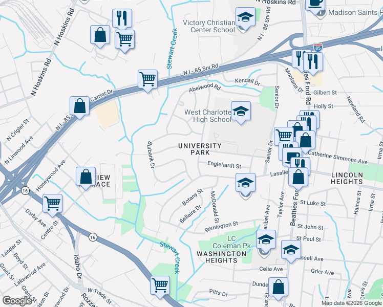map of restaurants, bars, coffee shops, grocery stores, and more near 2029 English Drive in Charlotte
