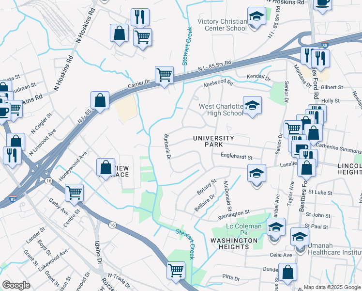 map of restaurants, bars, coffee shops, grocery stores, and more near 2144 Syracuse Drive in Charlotte