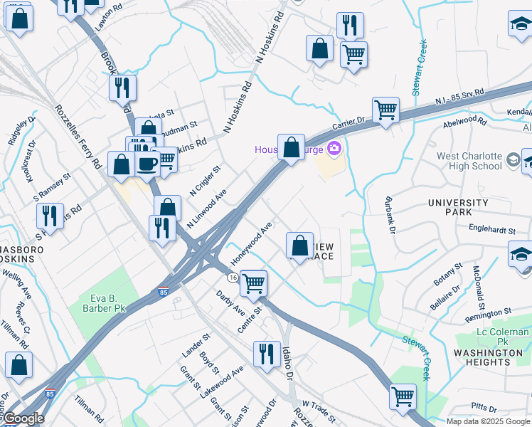 map of restaurants, bars, coffee shops, grocery stores, and more near 3523 Tennessee Avenue in Charlotte