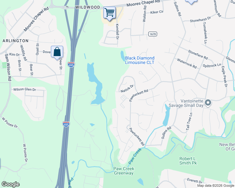 map of restaurants, bars, coffee shops, grocery stores, and more near 9149 Spyglass Place in Charlotte
