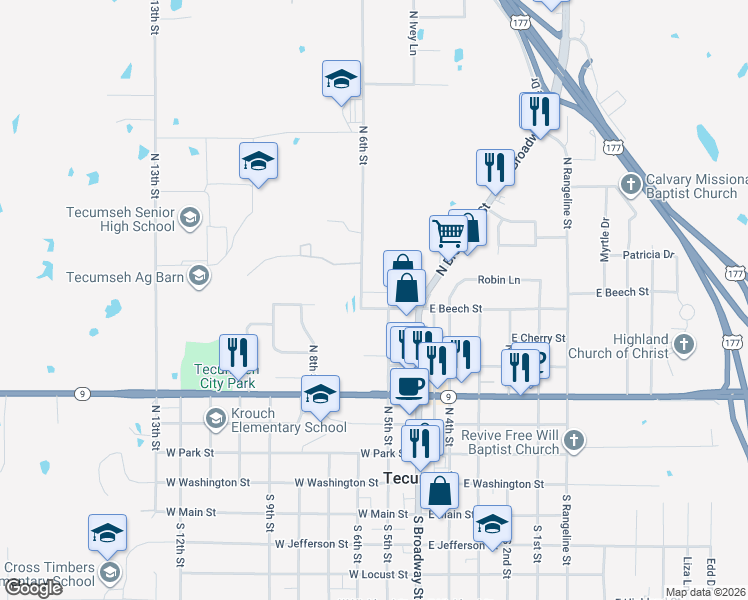 map of restaurants, bars, coffee shops, grocery stores, and more near 600 North 6th Street in Tecumseh