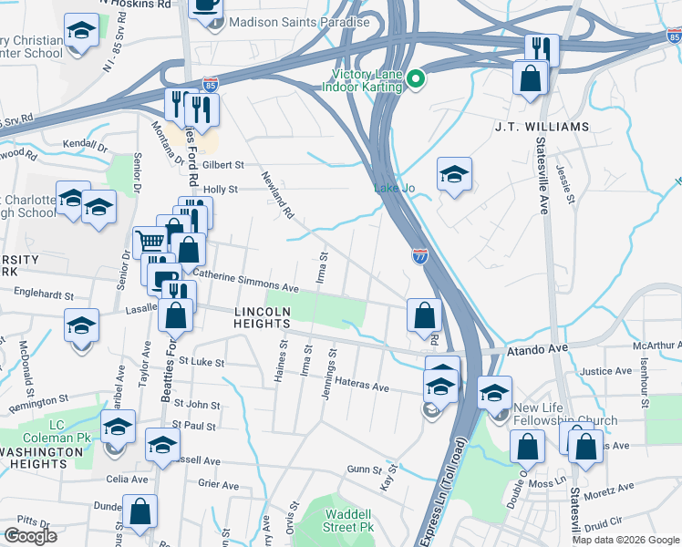map of restaurants, bars, coffee shops, grocery stores, and more near 2105 Jennings Street in Charlotte