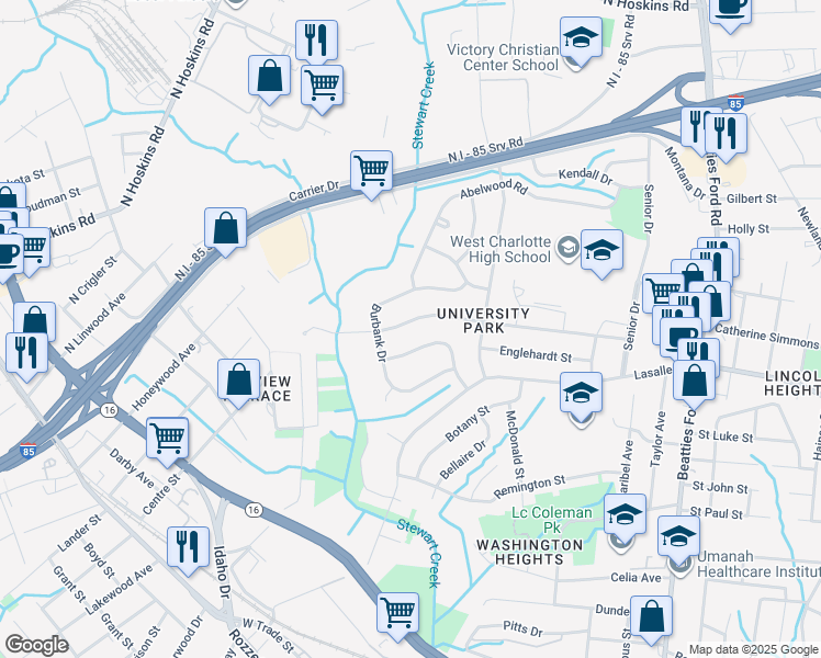 map of restaurants, bars, coffee shops, grocery stores, and more near 2144 Syracuse Drive in Charlotte