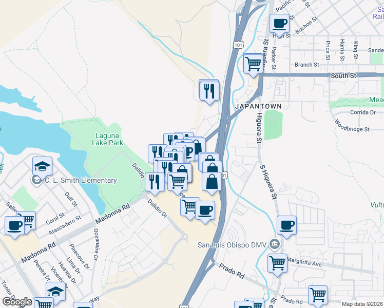 map of restaurants, bars, coffee shops, grocery stores, and more near 205 Madonna Road in San Luis Obispo