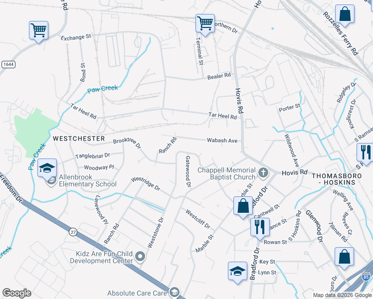 map of restaurants, bars, coffee shops, grocery stores, and more near 1300 Weststone Drive in Charlotte