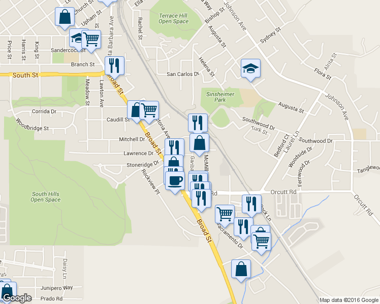 map of restaurants, bars, coffee shops, grocery stores, and more near 2817 Garibaldi Avenue in San Luis Obispo