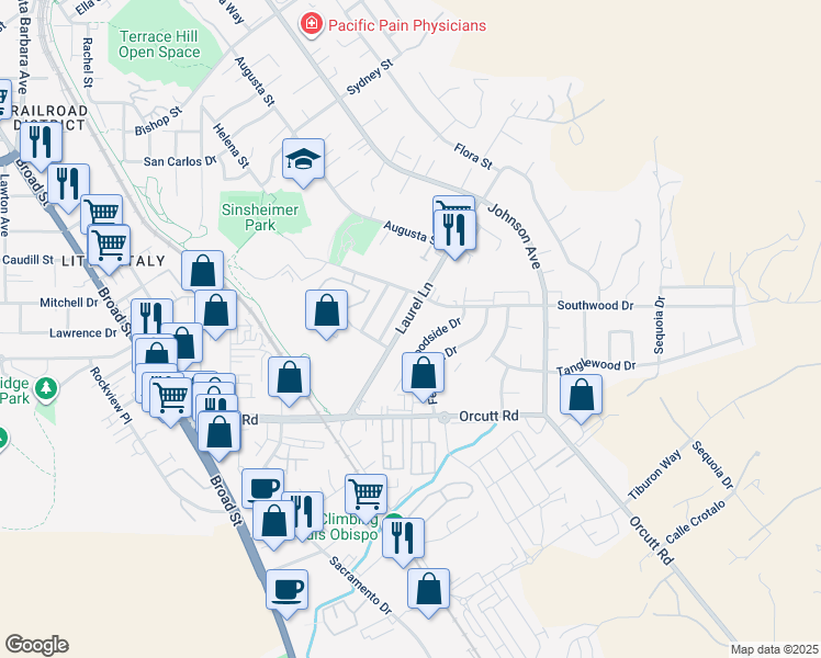 map of restaurants, bars, coffee shops, grocery stores, and more near 1269 Woodside Drive in San Luis Obispo