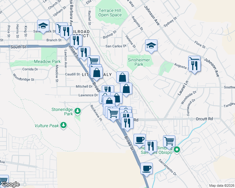 map of restaurants, bars, coffee shops, grocery stores, and more near 2917 Garibaldi Avenue in San Luis Obispo