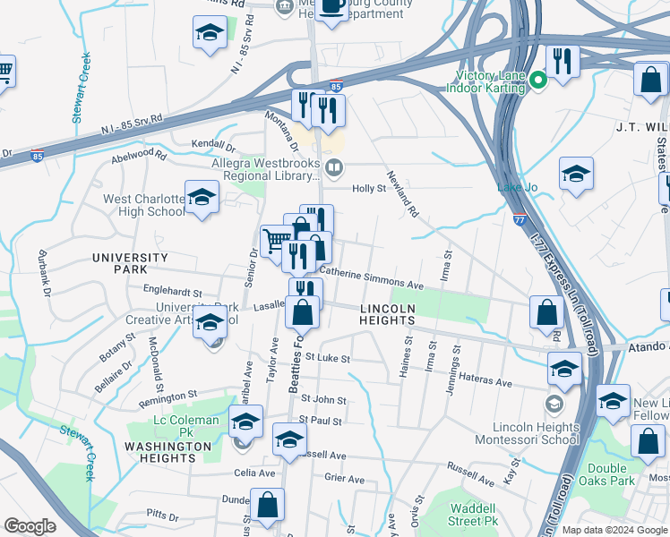 map of restaurants, bars, coffee shops, grocery stores, and more near 2116 Custer Street in Charlotte
