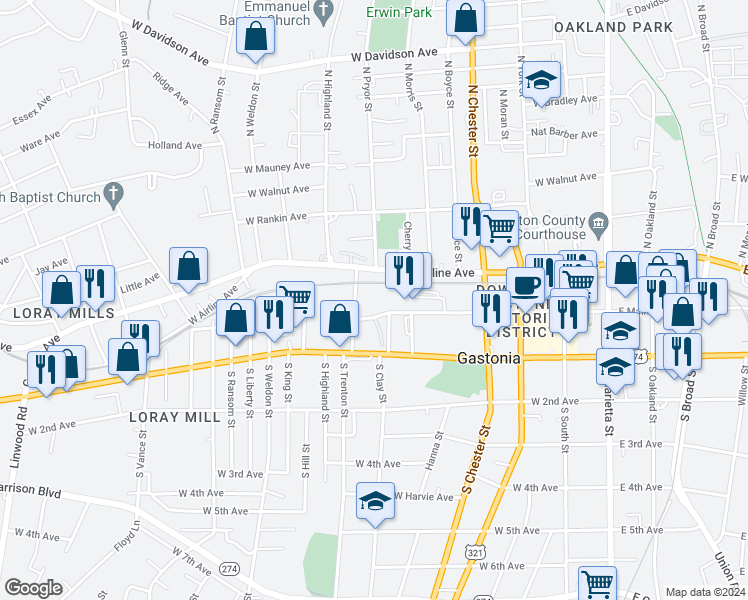 map of restaurants, bars, coffee shops, grocery stores, and more near 601-699 West Main Avenue in Gastonia