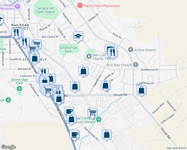 map of restaurants, bars, coffee shops, grocery stores, and more near 1165 Lexington Court in San Luis Obispo