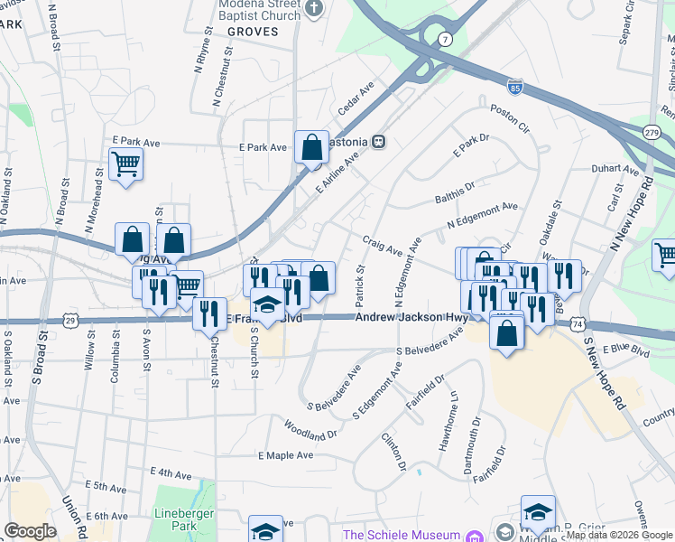 map of restaurants, bars, coffee shops, grocery stores, and more near 103 South Belvedere Avenue in Gastonia