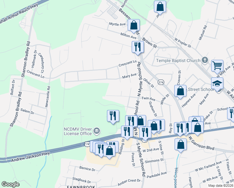 map of restaurants, bars, coffee shops, grocery stores, and more near 2415 Twin Avenue in Gastonia