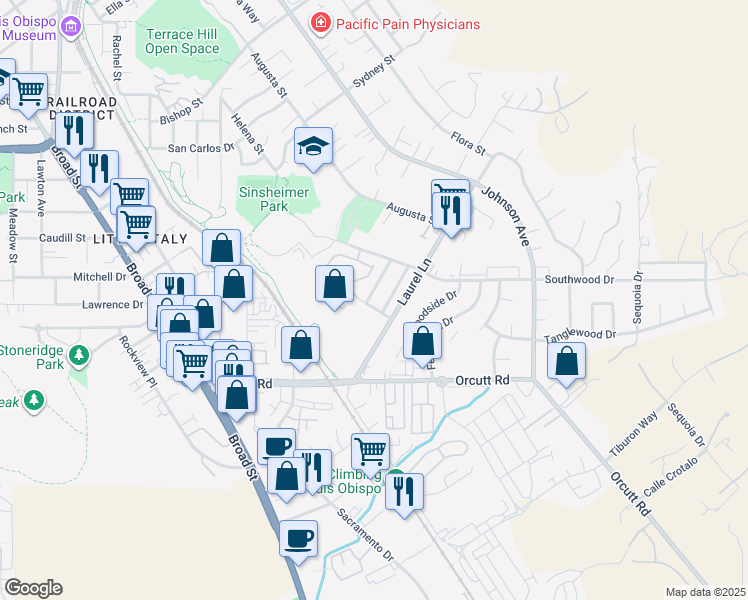 map of restaurants, bars, coffee shops, grocery stores, and more near 1165 Lexington Court in San Luis Obispo