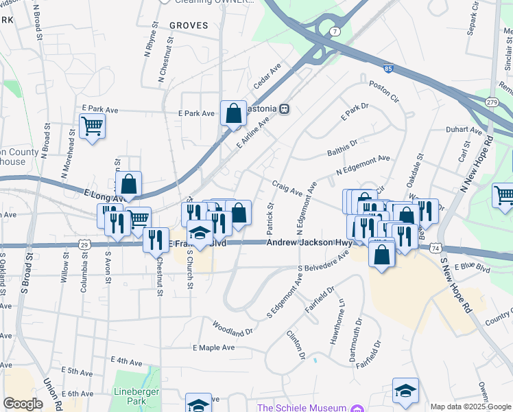 map of restaurants, bars, coffee shops, grocery stores, and more near 104 North Belvedere Avenue in Gastonia