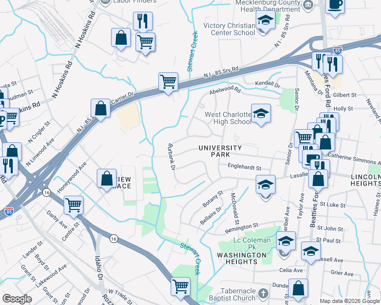 map of restaurants, bars, coffee shops, grocery stores, and more near 2844 Southwest Boulevard in Charlotte