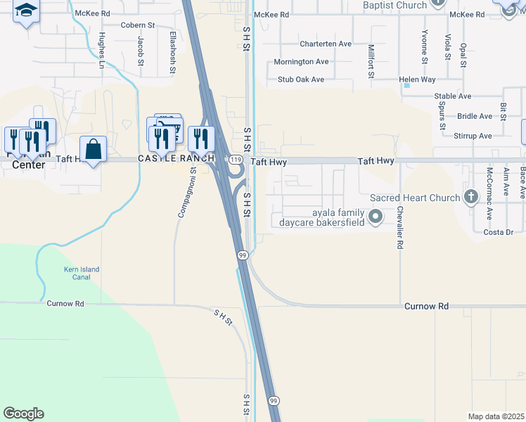map of restaurants, bars, coffee shops, grocery stores, and more near 1621 Taft Highway in Bakersfield