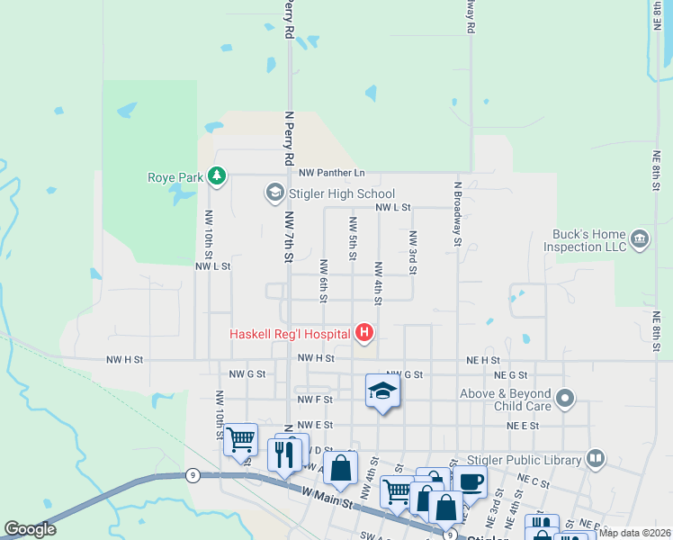 map of restaurants, bars, coffee shops, grocery stores, and more near 1203 Northwest 5th Street in Stigler